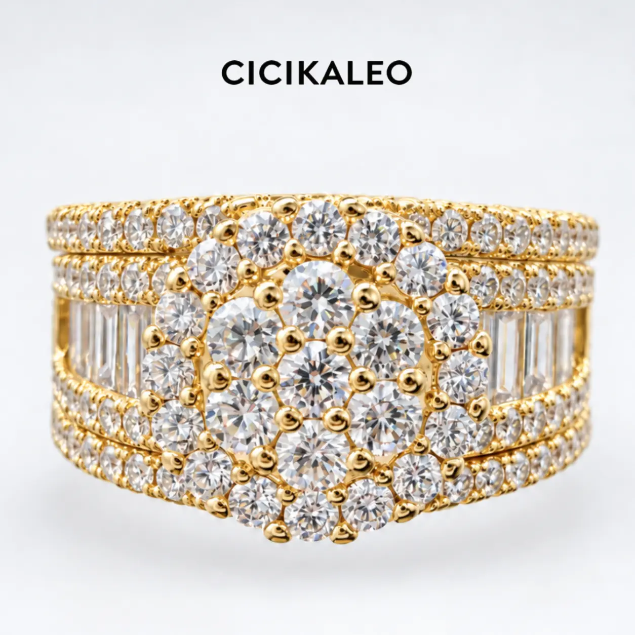 CICIKALEO 14K Gold-Plated S925 Sterling Silver Cubic Zirconia Wedding Ring Set for Women, Round Cluster Halo Baguette & Pave Split Shank Engagement Ring, Double Row Ring Enhancer Guard, Bridal Promise Stackable Ring Set Jewelry