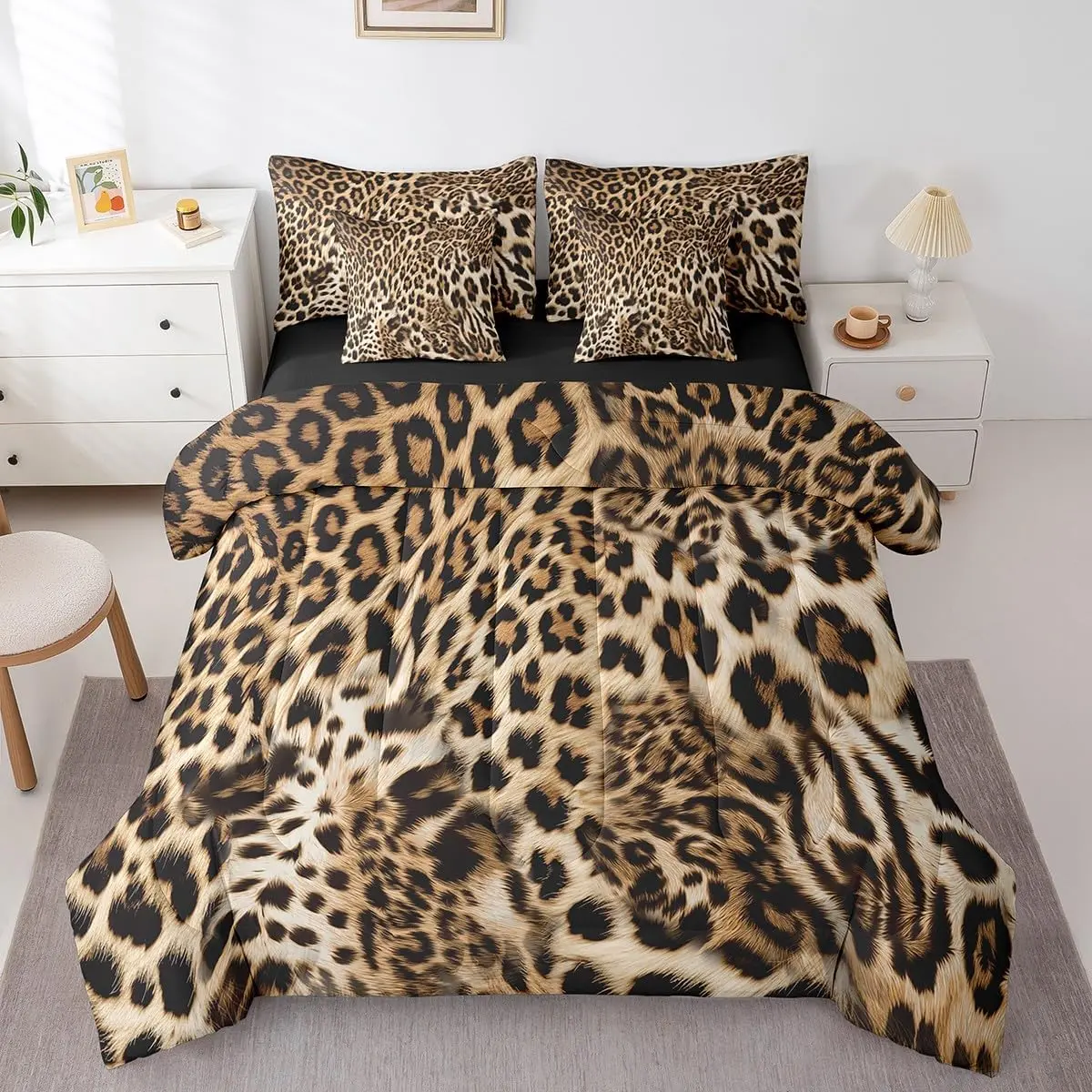 Feelyou 7-Piece Leopard Print Bedroom Bedding Set - Bed Comforter Set with Pillowcases, Flat Sheet, Fitted Sheet, and Cushion Cover, Bed Comforter Sets