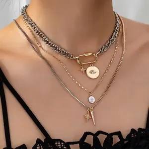 Women's gold layered necklace, 3-piece chunky chain two-tone necklace, silver coin pendant, paperclip layered chain, fashionable and unique jewelry gift.