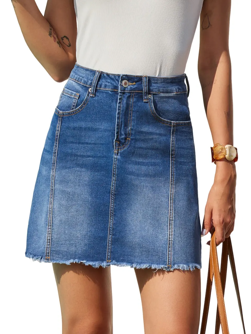 Women's Sidefeel Denim Skirt Casual Stretch High Waist Raw Hem Zipper Closure Jean Skirt DealsForYouDays summerwins WeeklyDeals Summer Outfit