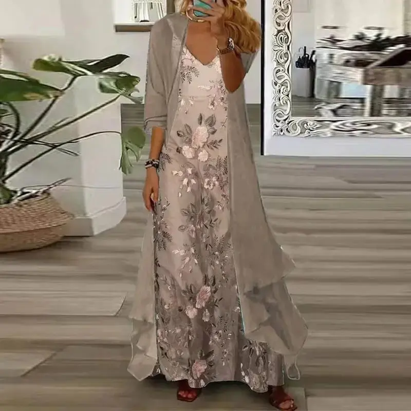 2025 Women's two-piece set: Commuter style, goddess's laid-back vibe, digital printed halter top + chiffon jacket Clothes Suits
