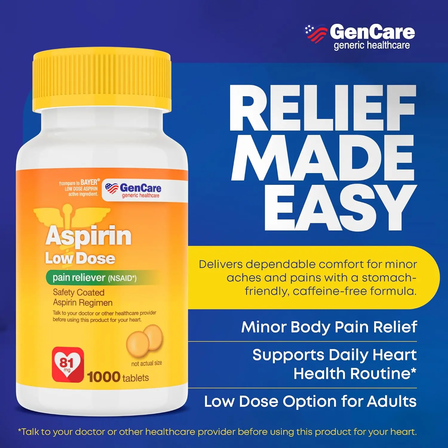【HSA/FSA Eligible】GenCare Low Dose Aspirin 81mg Tablets – Bulk Value 1000 Count – Safety Coated Aspirin Regimen for Doctor-Directed Use – Pain Reliever and Heart Health Support – Generic for Bayer