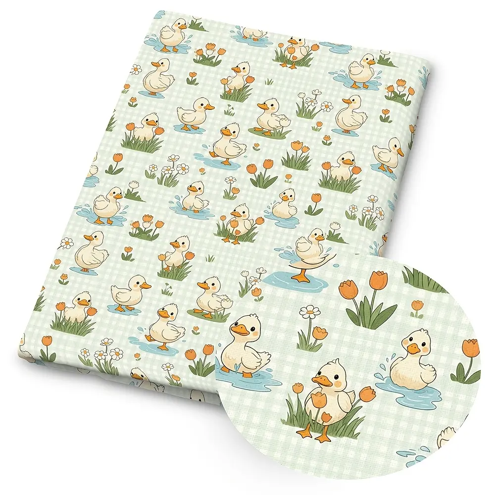 1pc Cute Duckling Print Animal Printed Fabric - 59 X 19.68 Inches (150 X 50 Cm) Pre-Cut Durable Polyester Fabric with Duck, Flower And Gingham Patterns - Suitable for Sewing, Scrapbooking, Tablecloths And Crafts