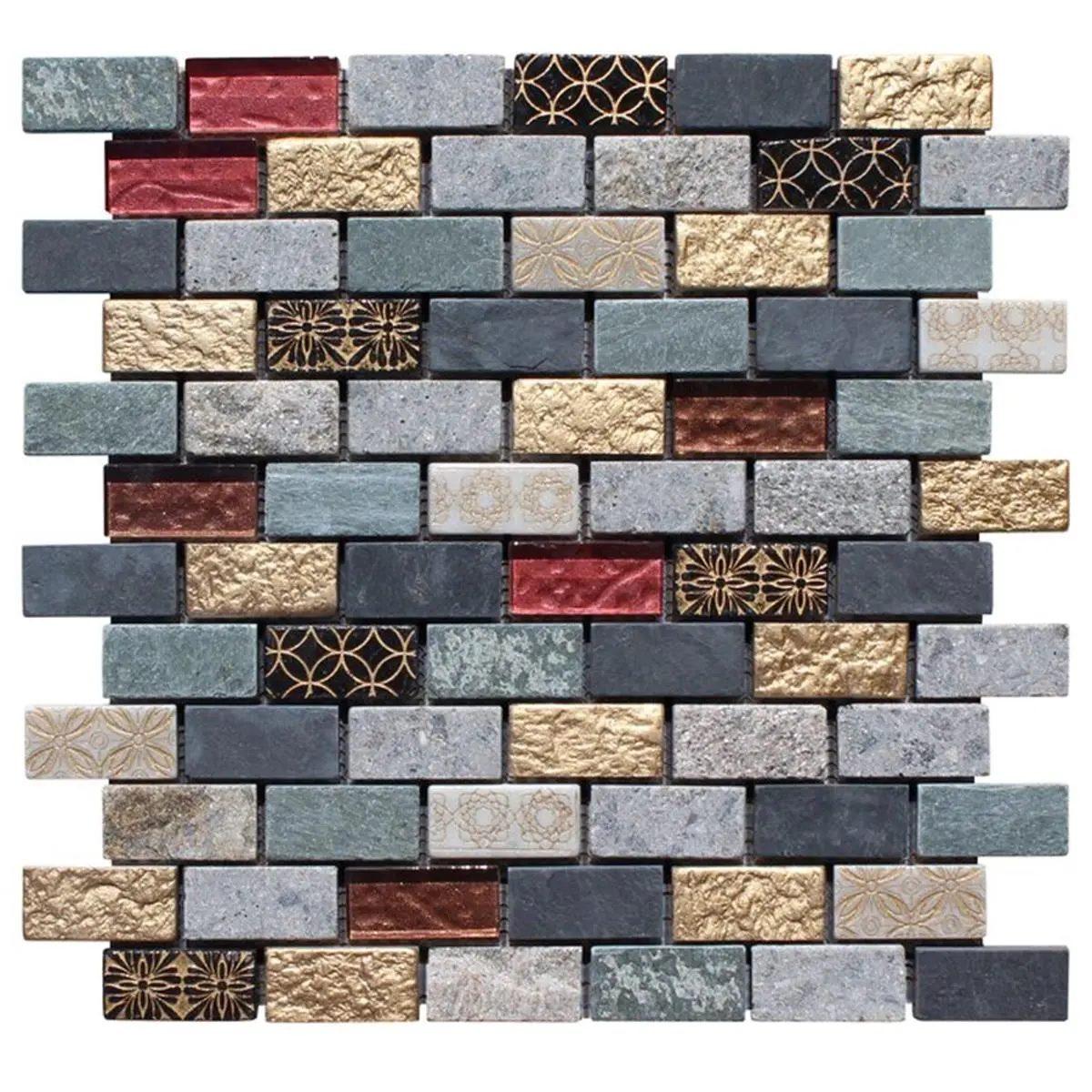 212 MAIN Mosaic Tile - 1x2 in., Brick Joint, Mesh-Backed, Water-Resistant Sheet with Royal Gold Natural Stone & Glass Varied Shapes, Indoor Focal Accent for Aquatic Fitness Equipment Accessories