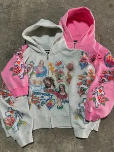 Fashion zip-up hoodie featuring fully printed tattoo designs with religious motifs—Jesus, a sacred heart, roses, and a cross. Rich Y2K street fashion vibe! Street Style Q&A — Bold Fashion