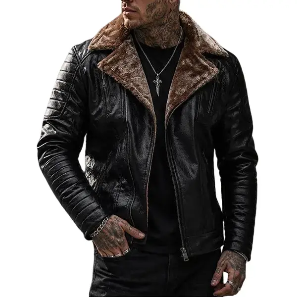 Men's American-Style Black PU Leather Biker Jacket, Autumn/Winter Long-Sleeve Slim-Fit Coat with Slant Zipper, Fleece Lining, Brown Plush Fabric, Large Lapel Collar, Thick Design, Pockets, Retro Aesthetics, Casual Riding Wear
