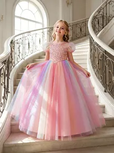 Girls' Bubble Sleeve Rainbow Princess Dress with Sparkling Sequins, Perfect for Piano Performances, Birthday Parties, Weddings, Graduations
