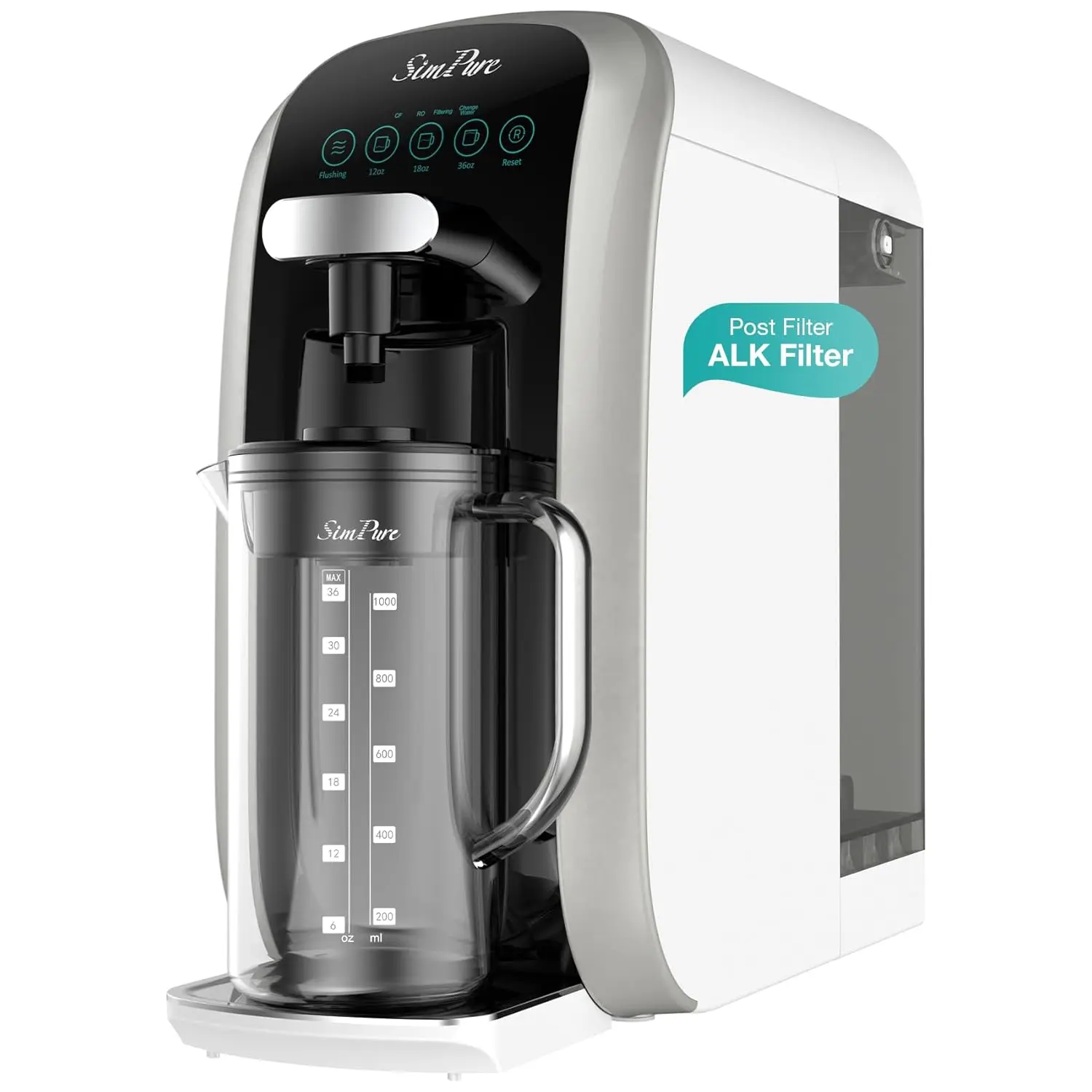 SimPure Y7T-BW-A Portable Reverse Osmosis Water Filter NSF/ANSI 58 Certified 5 Stage RO System with Remineralization Glass Pitcher, No Installation, Countertop Water Purifier, Home Water Filter