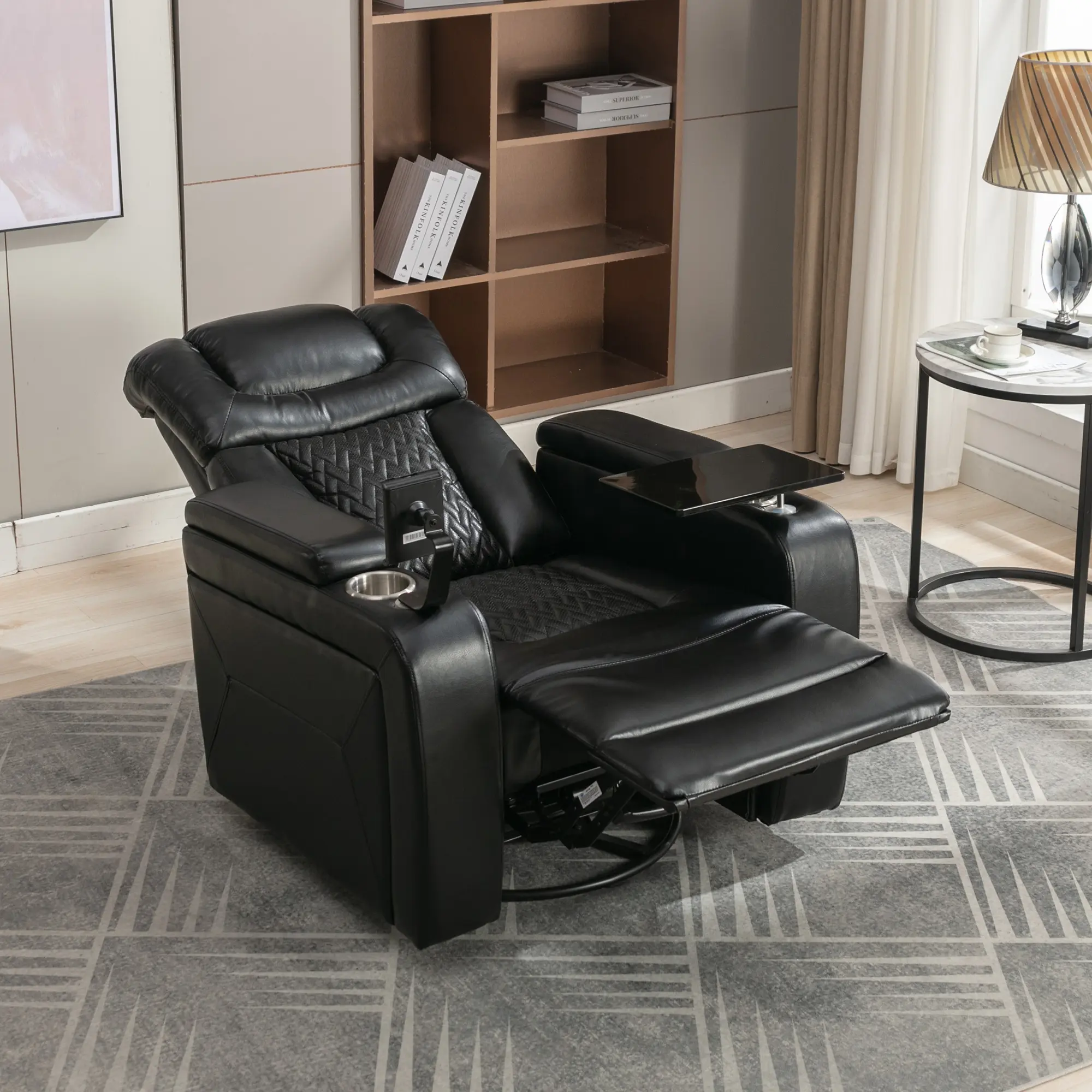 Swivel Power Recliner with Adjustable Backrest, Rocking Function, USB Port, Removable Tray Table, Cup Holders, Phone Holder, Hidden Storage, High-Density Foam, Breathable PU Leather, 330lb Weight Capacity, Black