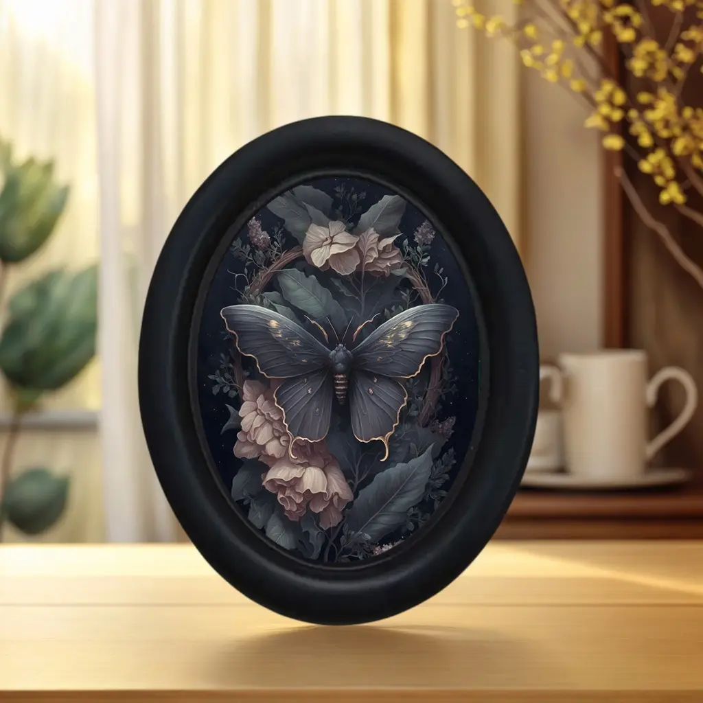 Gothic Style Oval Wooden Frame Decorative Wall Art Print, Butterfly in the Moonlight & Floral Design, 4.16x5.25 Inches, Home, Office & Bedroom Decor, Halloween & Christmas Decoration, Dark Botanical Art
