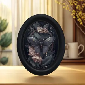 Gothic Style Oval Wooden Frame Wall Art, Butterfly Design, 4.16x5.25 Inches, Home & Office Decor, Halloween & Christmas Decoration