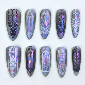 Gothic Cathedral Window Press On Nails | Iridescent Chrome Base with Intricate Stained Glass Black & White Art | Handmade Fantasy Set