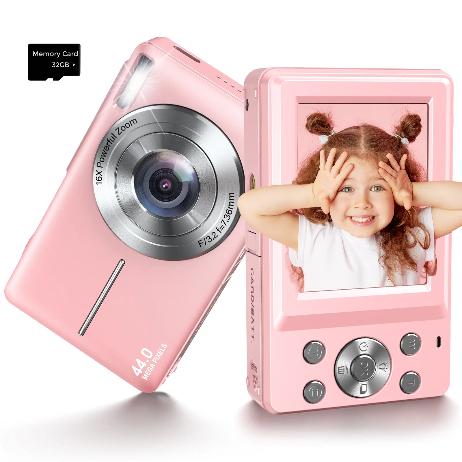 1080p digital camera, 32GB memory card, 16x digital zoom, with date stamp function. Compact and portable, it’s perfect for teens new to photography and fans of vintage filters