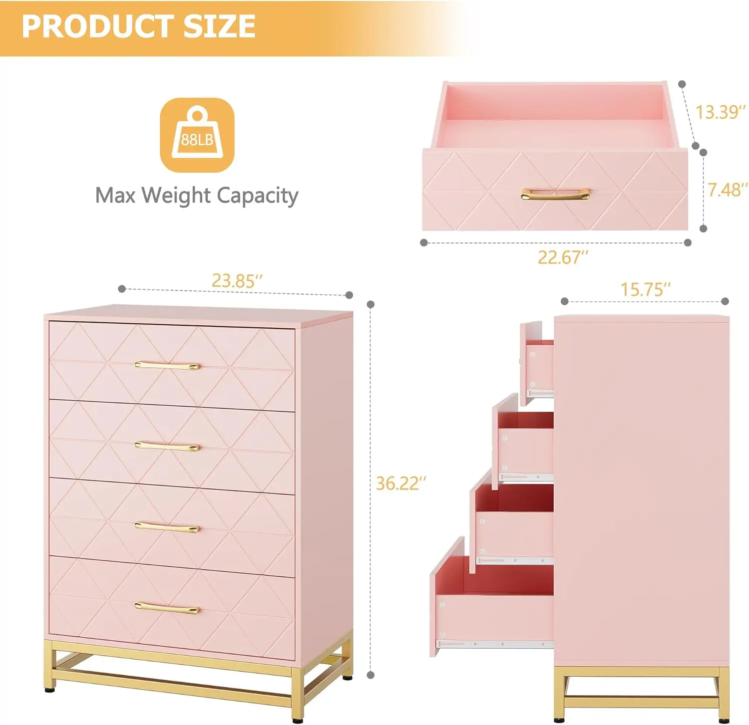 【Christmas Gift】Pink Wooden 4-Drawer Drawers Dresser, Space-Saving Compact Chest with Modern Metal Handles, Durable MDF Construction, Elegant Textured Finish, Waterproof, Dust Protection, Chamfered Edges, Assembly Required for Clothes Storage Organization
