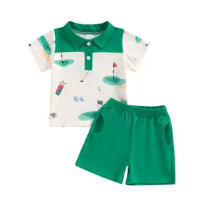 2Pcs Toddler Baby Boys Golf Outfit Short Sleeve Golf Cart Print Polo T-shirt Tops Elastic Waist Shorts Infant Summer Shorts Tracksuit