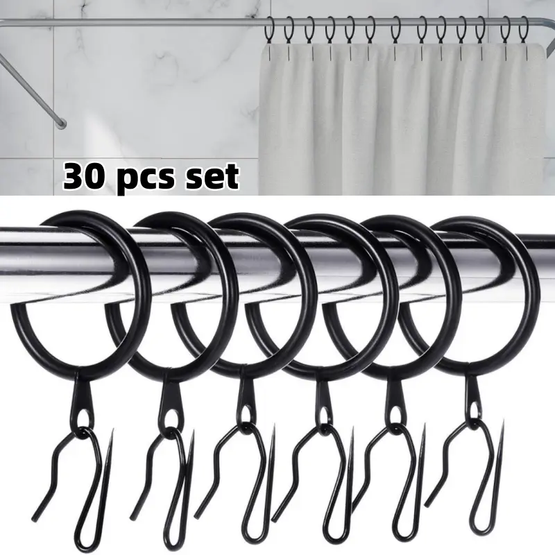Black 32mm Solid Steel Drapery Rings & Bathroom Curtain Hooks Set - 30 Rings, 30 Hanging Pin Hooks, 25x16mm Size, Firm & Secure Hold for Home Styles Windows, Showers