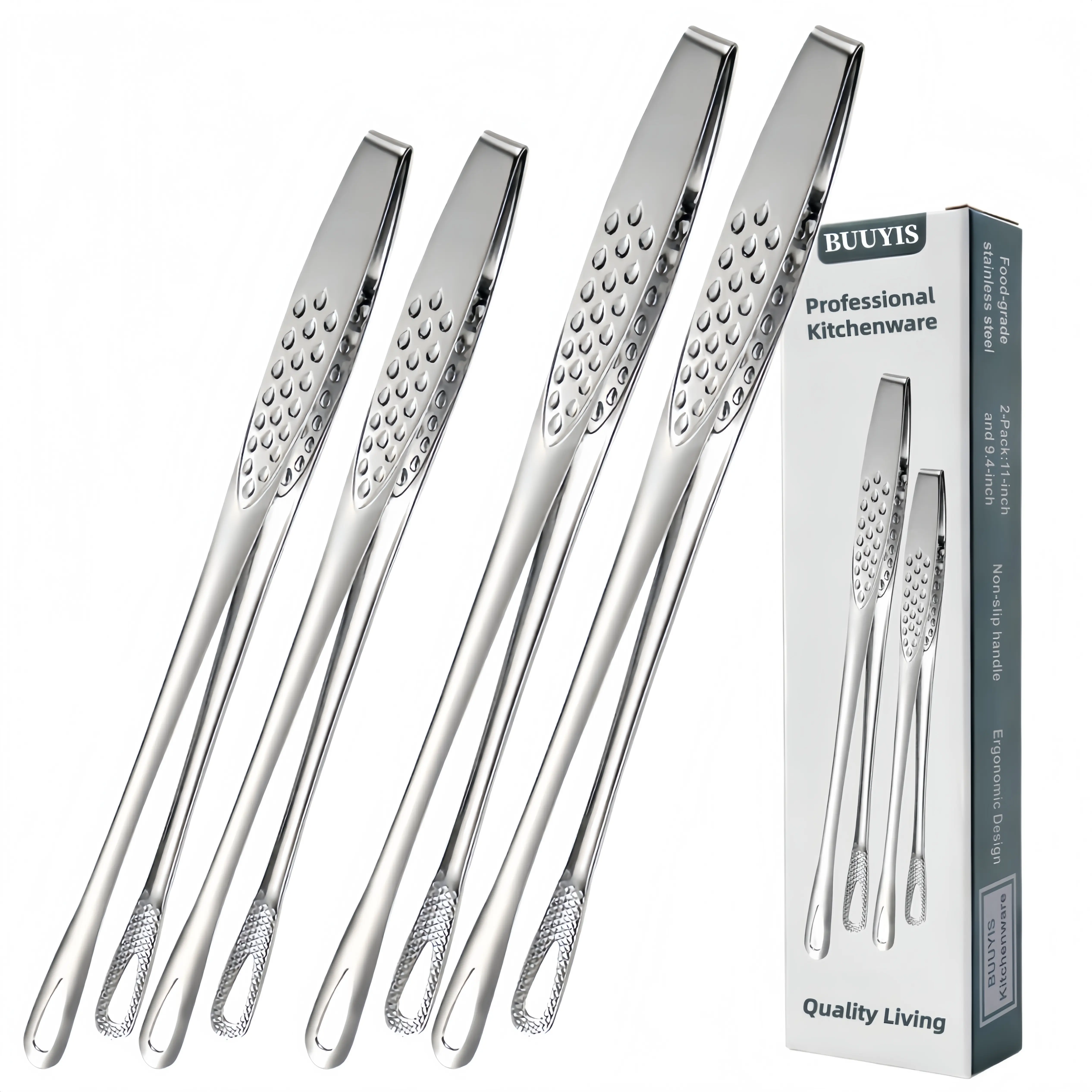 BUUYIS Stainless Steel Barbecue Tongs 2-Pack (11-in & 9.4-in) - Durable, Rust-resistant, Ergonomic Long Handled Cooking Tongs, Barbecue Accessories for Steaks, Vegetables - Ideal for Family Kitchens