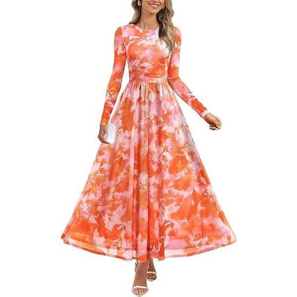 ZESICA Women's Maxi Dress 2025 Fall Long Sleeve Crewneck Floral Print Mesh Ruched Party Wedding Guest Dresses