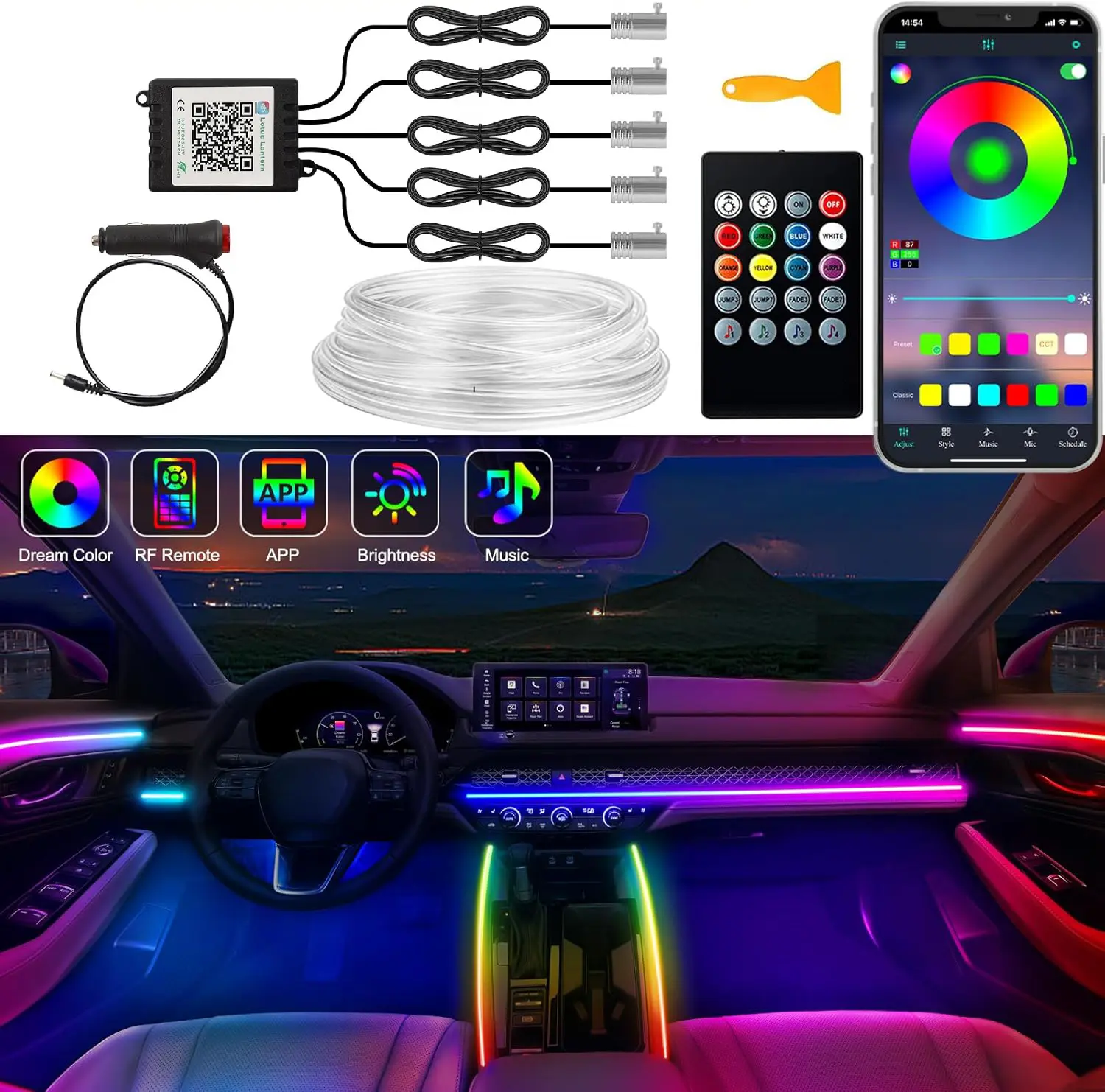 Interior Car LED Strip Lights APP Control, 5 in 1 RGB 16 Million Colors Ambient Lighting Kit with 236 inches Fiber Optic, Music Mode Inside Car Lighting Decorations