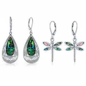 Set of 2 Butterfly Dragonfly & Filigree Teardrop Abalone Shell Dangle Earrings