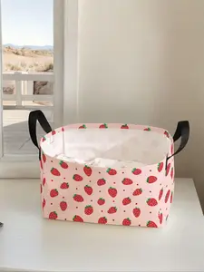 Strawberry Pattern Storage Basket with Handle, Multi-functional Foldable Storage Basket, Portable Storage Box for Living Room, Bathroom, Kitchen, Collapsible Storage Baskets