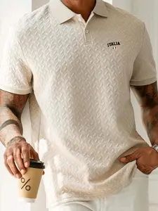 Italian Imprint Print Collar Fitted Polo Shirt, Summer Men's Short Sleeve T-Shirt, Business Casual Breathable Knitted Knit Top
