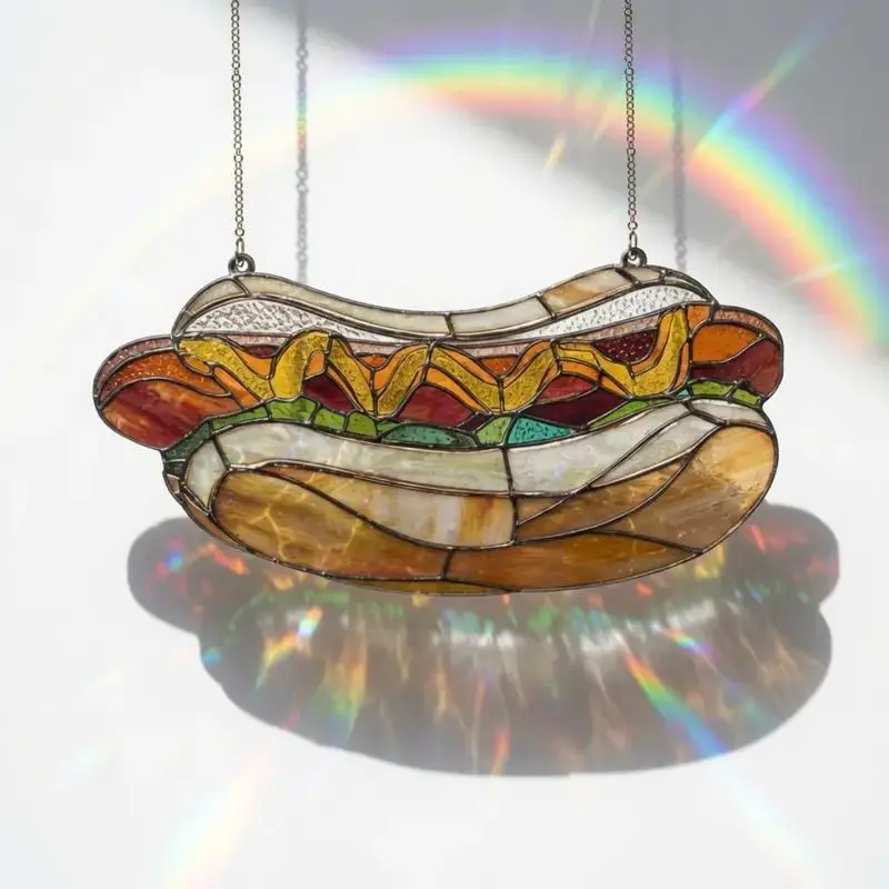 Hot Dog Acrylic Suncatcher, Fun Food Window Hanging Ornament, Colorful Stained Glass Style Kitchen Decor, Unique Gift for Food Lovers, Hologram Hot Dog SunCatcher, Cute Meme Fast Food Art Gift, Funny Home Decor For Mom, Dad, Friends
