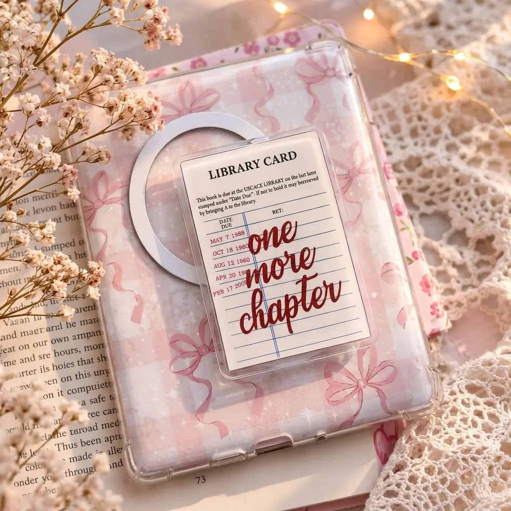 "One More Chapter" Library Card Phone Grip - Aesthetic Bookish Acrylic Griptok for Kindle & iPhone