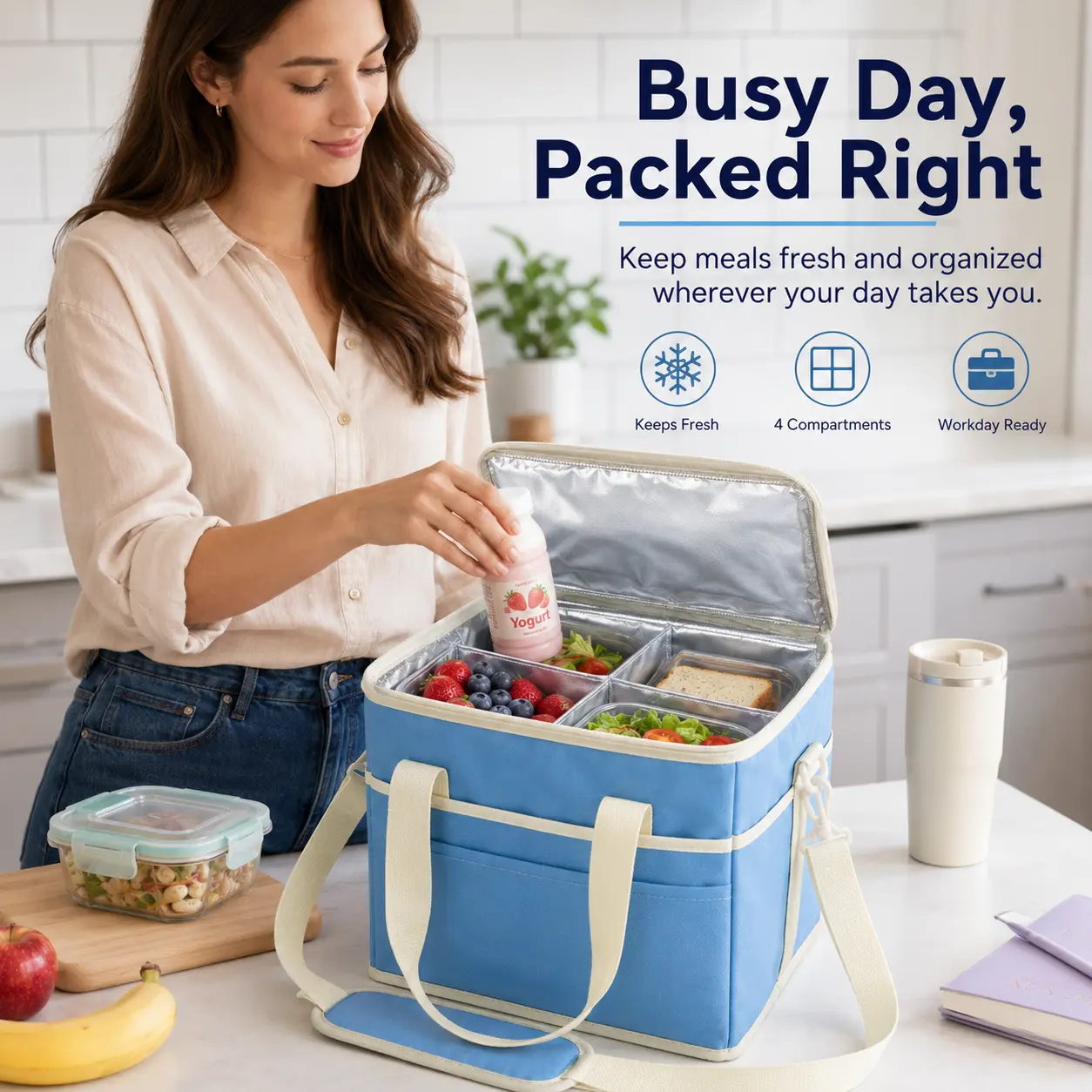 Family Size Insulated Cooler Storage Bag with Lid - 4-Compartment Bottle Holder Storage Bag for Cups, Water Bottles, Coffee Mugs, Meal Prep, Adults, Business Use, Picnic, Camping, All Seasons, Neat Food Organization