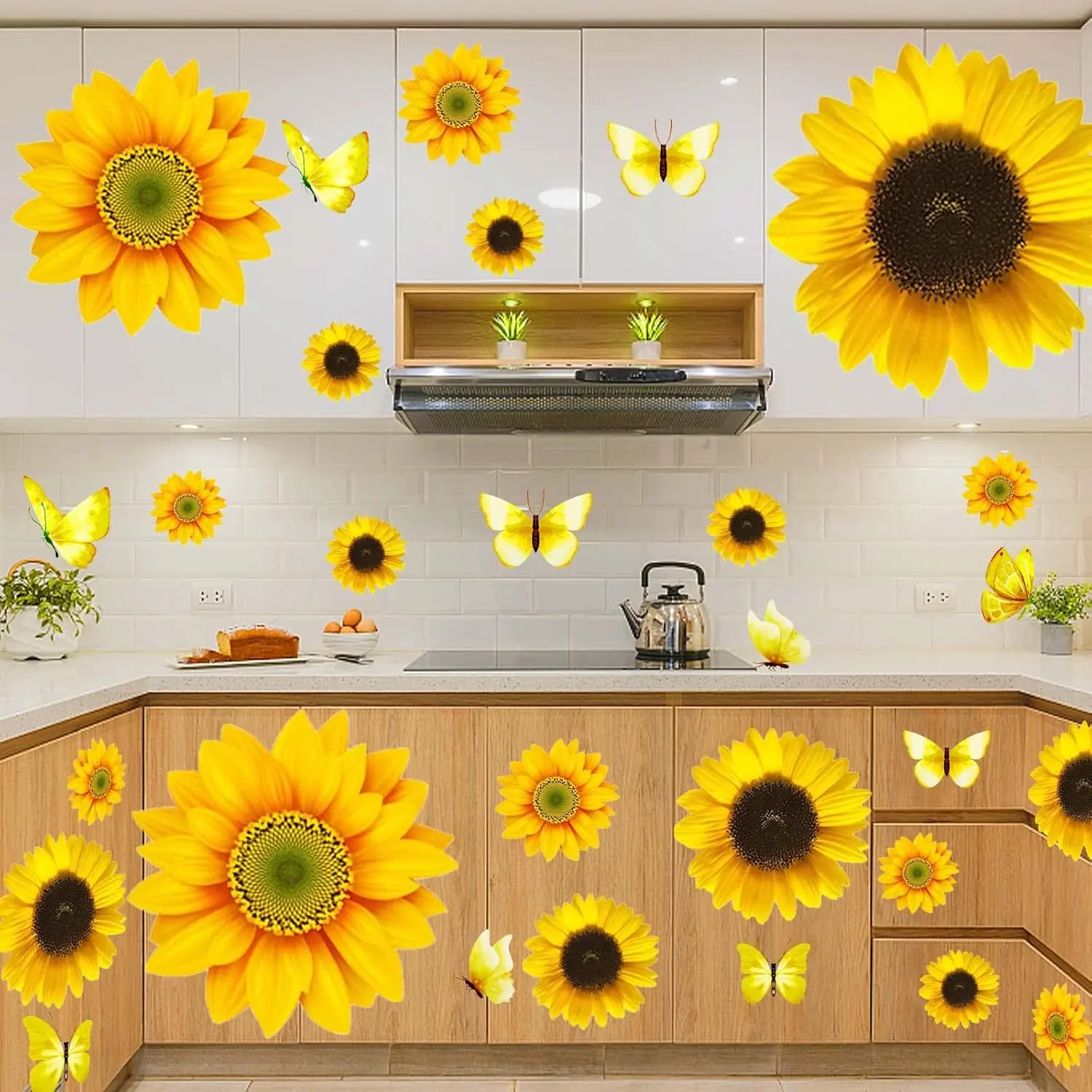 54 count 3D Sunflowers and Butterfly Wall Stickers Decor - Large Sunflower Wall Decals Peel and Stick Yellow  Stickers for Home Kitchen Bedroom Bathroom Living Room Decorations