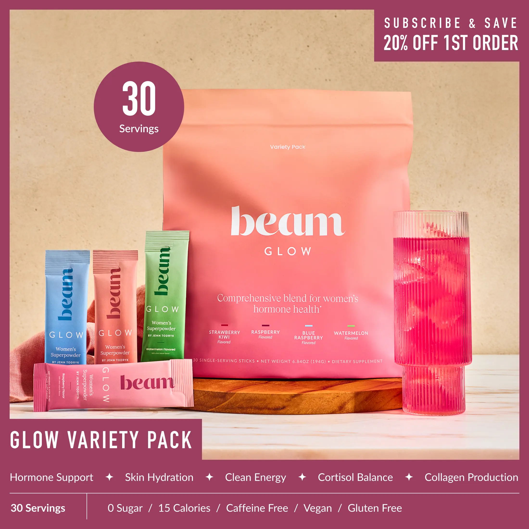 Beam Glow Variety Pack Dietary Collagen Beauty Wellness Supplement - 30 Single-Serve Vitamin Sticks for Women’s Hormone Balance, Skin, Hair, Nail Support (Strawberry Kiwi, Raspberry, Blue Raspberry, Watermelon Superblend)