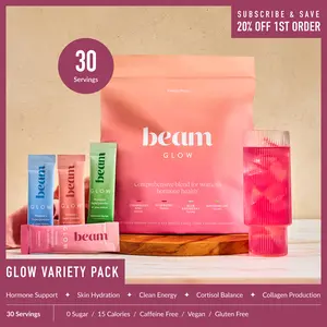 Beam Glow Variety Pack Edible Dietary Collagen Beauty Wellness Supplement - 30 Single-Serve Vitamin Sticks for Women’s Hormone Balance, Skin, Hair, Nail Support (Strawberry Kiwi, Raspberry, Blue Raspberry, Watermelon Superblend)
