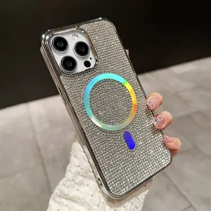 Wireless Charging Friendly Magnetic Bling Rhinestone Phone Case – Durable Protective Cover for 16, 15, 14 Plus Pro Max, Compatible with 13, 12 Pro Max Smartphones