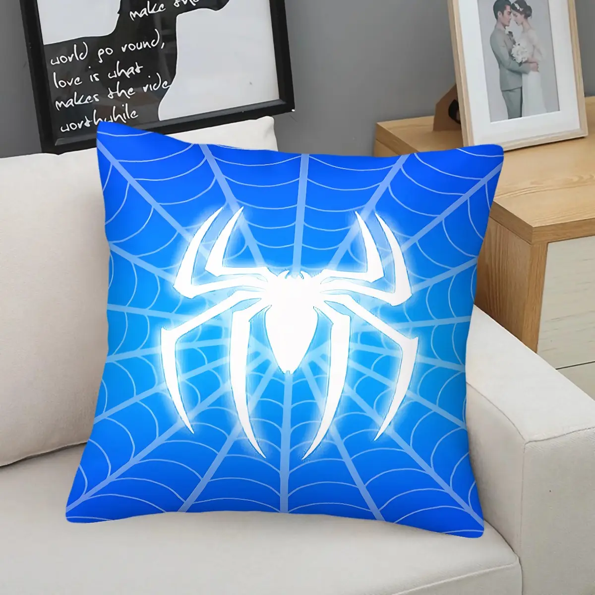 Blue Neon Glowing Spider Logo Throw Pillow, Soft Decorative Cushion with Spider Web Print, Comfort Square Pillow for Bedroom Sofa Couch Gaming Room Dorm, Perfect Home Decor Gift for Teen Boys