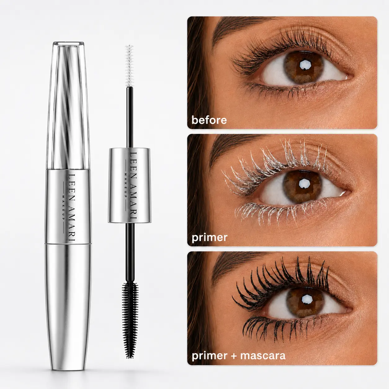 LEEN AMARI Lash Cocktail - Dual-Ended Mascara with White Lash Primer + Black Mascara, 2-in-1 Lengthening & Volumizing Eye Makeup for Longer-Looking, Lifted, Defined Lashes, 0.34 Fl Oz / 10 mL, 2 Steps mirror