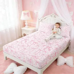 Pink Bowknot Kids Fitted Sheet,Princess Girl Bedding Set,Cartoon Bow Tie Butterfly Knot Bed Sheets Bow Stars Love Pink Sweet Girly Deep Pocket Sheet Child Teens Woman Room Decor,summervibes