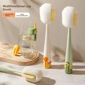 Long-handled multi-functional 5-in-1 cup brush, a handy tool for cleaning water cups, specially designed for cleaning thermos cup lids and baby bottles