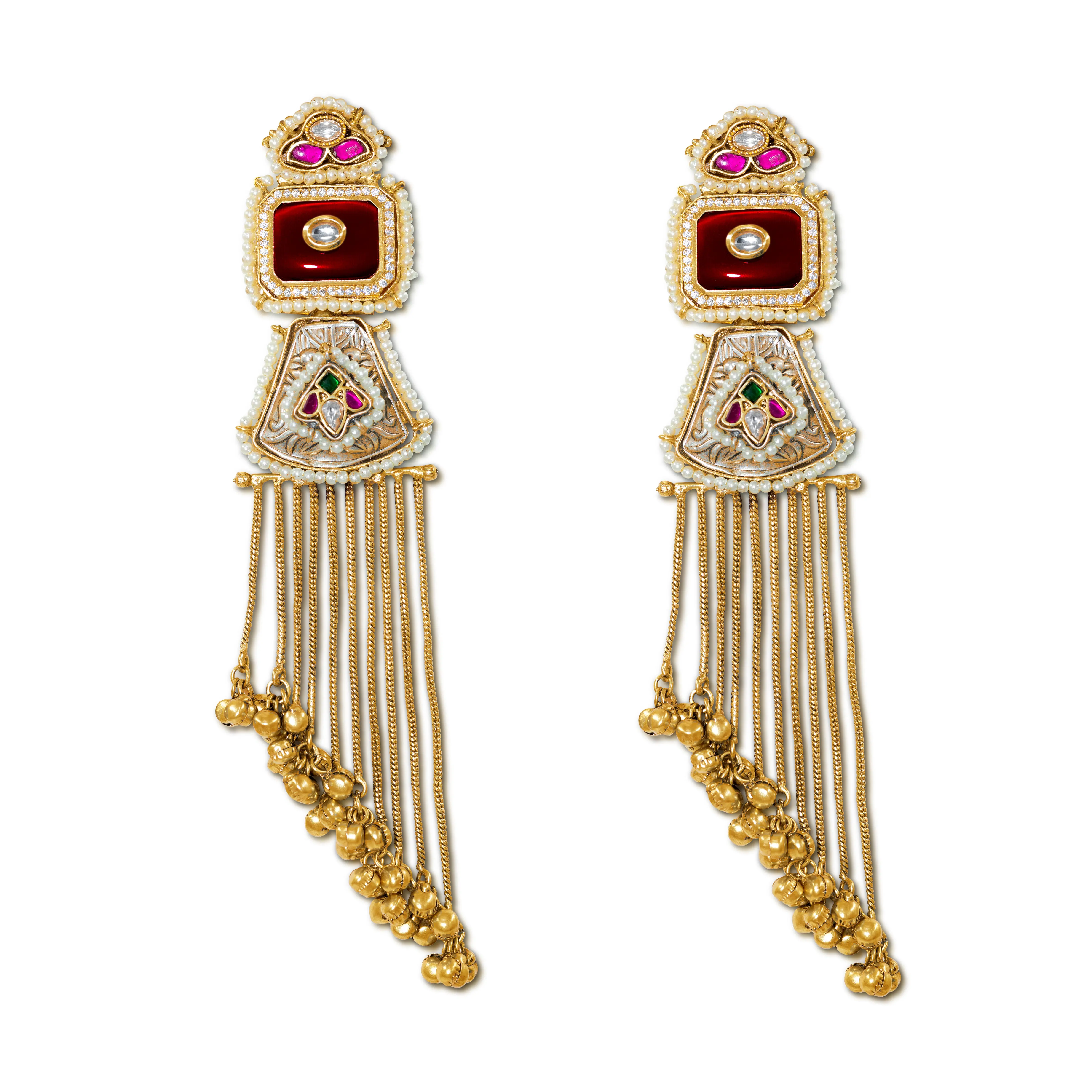 Women's Ethnic Kashmiri Enamel Drop Earrings - Ear Accessories with Kundan Detailing, Ruby Red Enamel, Cascading Long Tassels, Antique Gold Accents, Dramatic Length, Festive Sound & Movement for Weddings, Cultural Performances