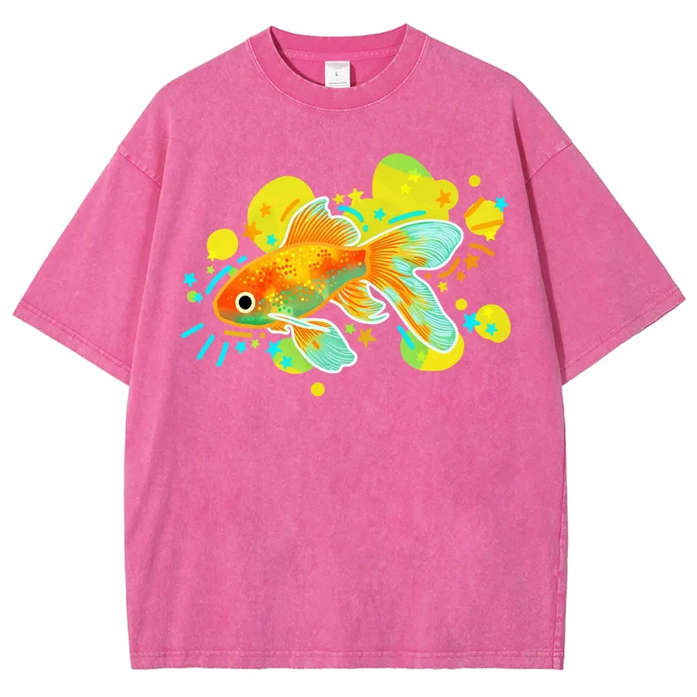 Round Neck Loose Casual Graphic Tees - Cute Fish Graphic Shirt, Colorful Goldfish Vintage Washed Animal Top, Ocean Lover Sports Streetwear Tee