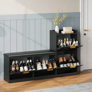 Shoe Cabinet with Bench, Farmhouse Shoe Organizer Cabinet with 4 Flip Drawers & Top Open Shelf, Wooden Storage Bench for Entryway