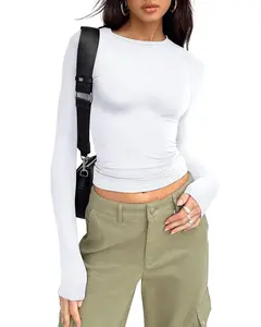 SUNBS White Long Sleeve Shirts for Women Basic Crop Tops Fall Fashion Dressy Casual Slim Y2K Trendy Blouses Soft Spandex Fitted Crop Top Essential
