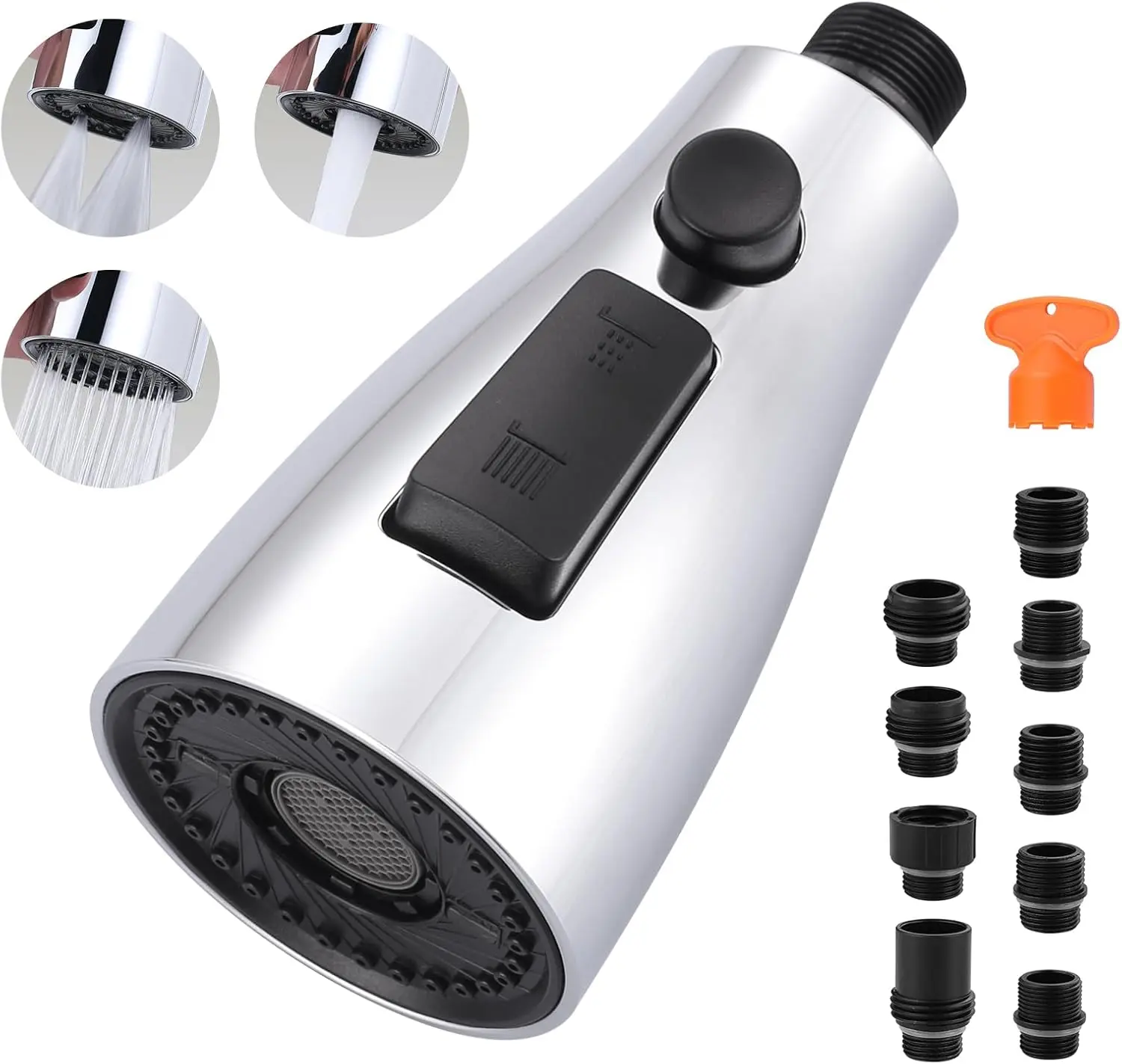 Kitchen Faucet   Chrome, 3-Function Kitchen Sink  Nozzle with 9 Adapters, Kitchen Faucet  Replacement Compatible with Moen, Delta,  Standard Faucets