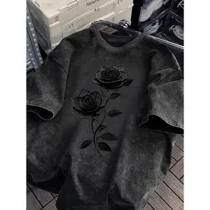 Black Rose Graphic Loose-fitting Washed T Shirt Unisex Vintage Streetwear Tee Soft Cotton Casual Loose Fit For Daily Outfit Skater Y2K Goth Style