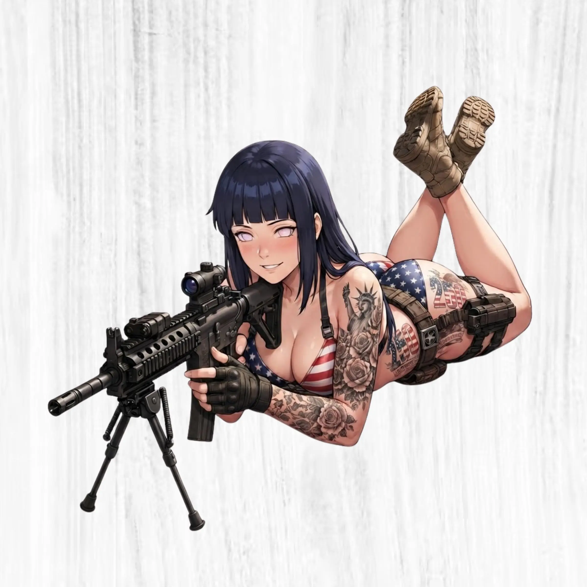 Hinata Tactical Anime Girl Sticker, Patriotic Rifle Vinyl Decal, Laptop Water Bottle Decor