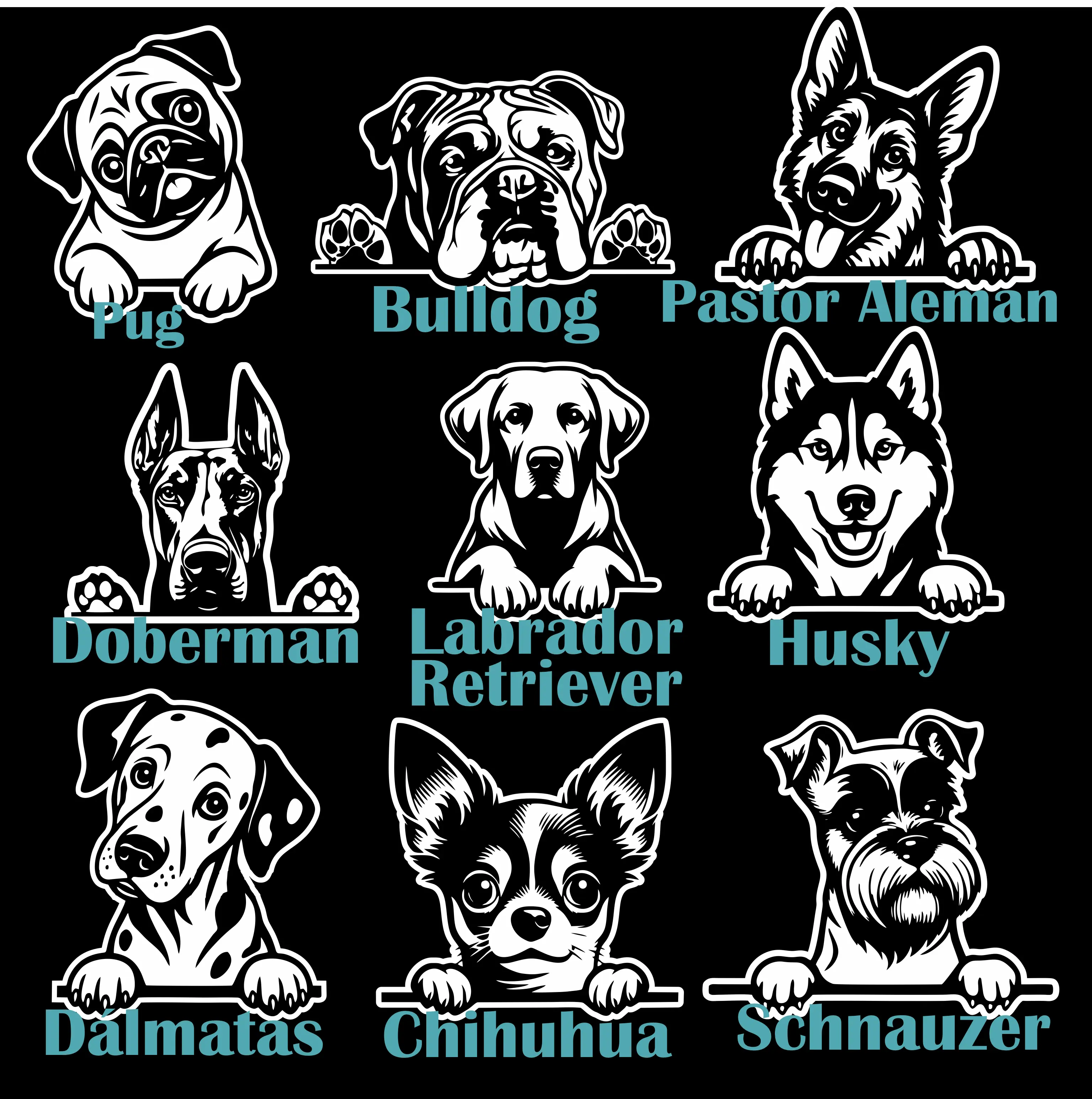 Stickers de Perros Asomados – Pack de 10 Razas | Peeking Dog Decals Set (Vinyl Stickers for Cars & Windows