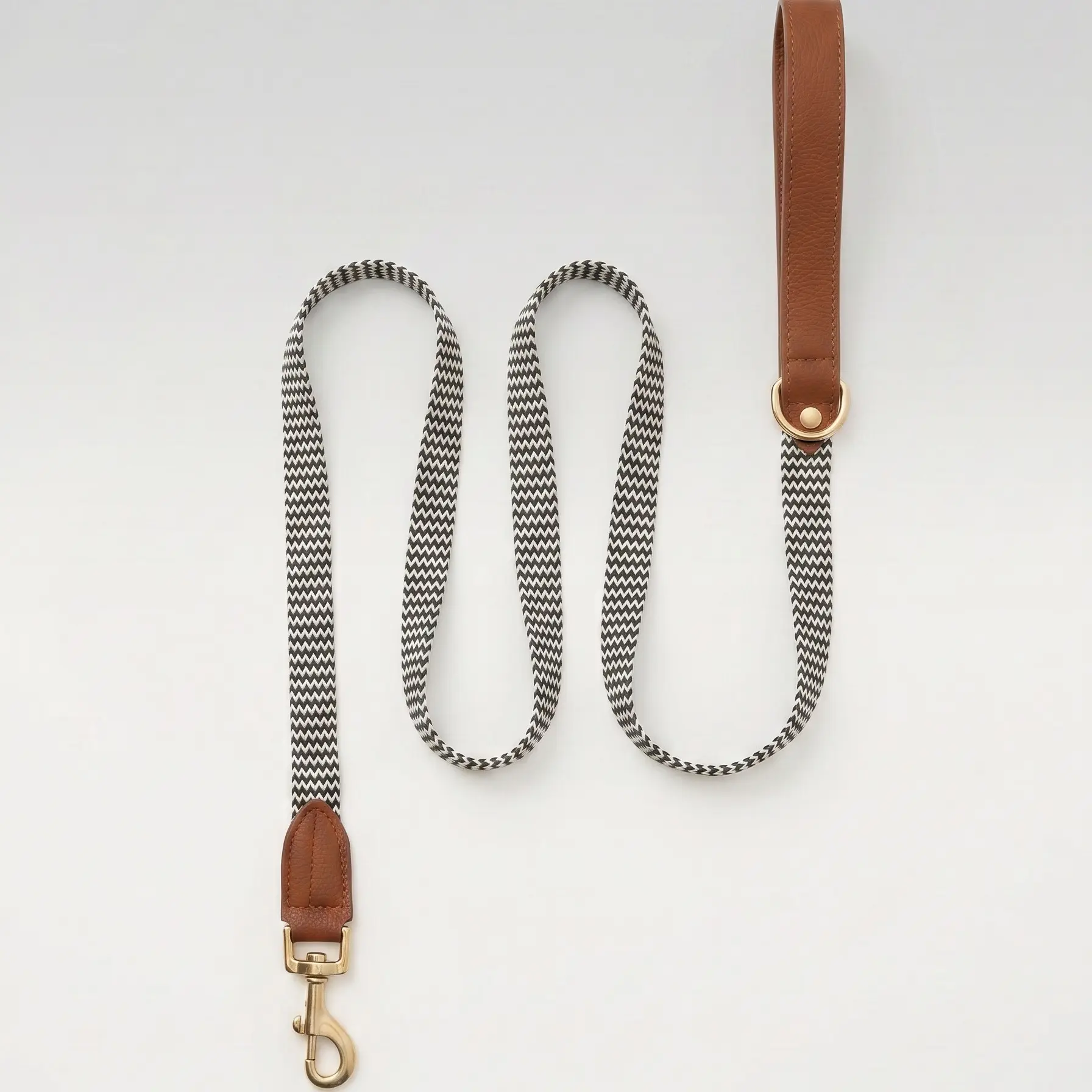 Handmade Woven Leather Dog Leash - Chevron Pet Lead with Gold Hardware