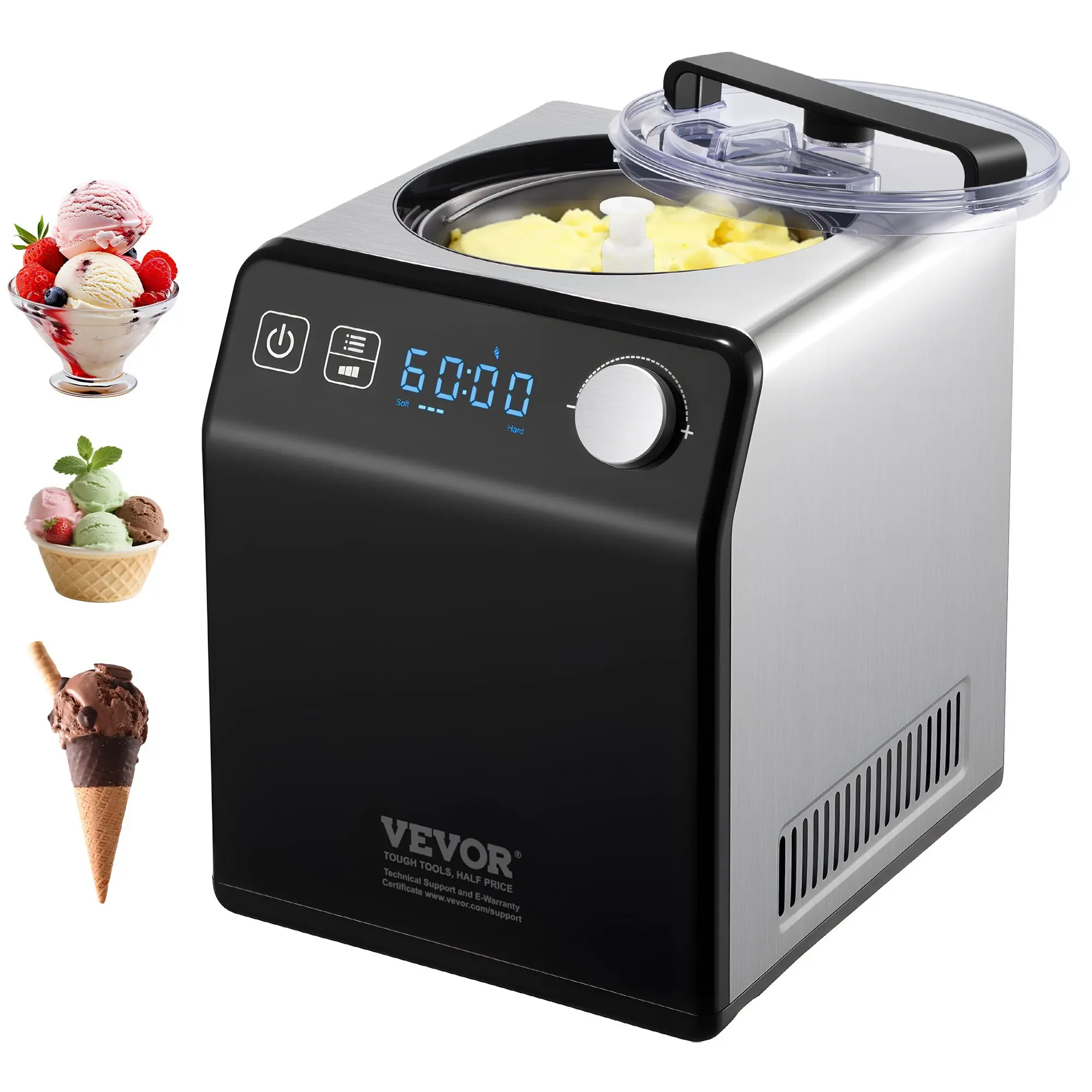【Summerfinds】VEVOR Upright Automatic Ice Cream Maker with Built-in Compressor,2 Quart No Pre-freezing Fruit Yogurt MachineStainless Steel Electric Sorbet Maker4 Modes Gelato Maker with Digital Display & Timer