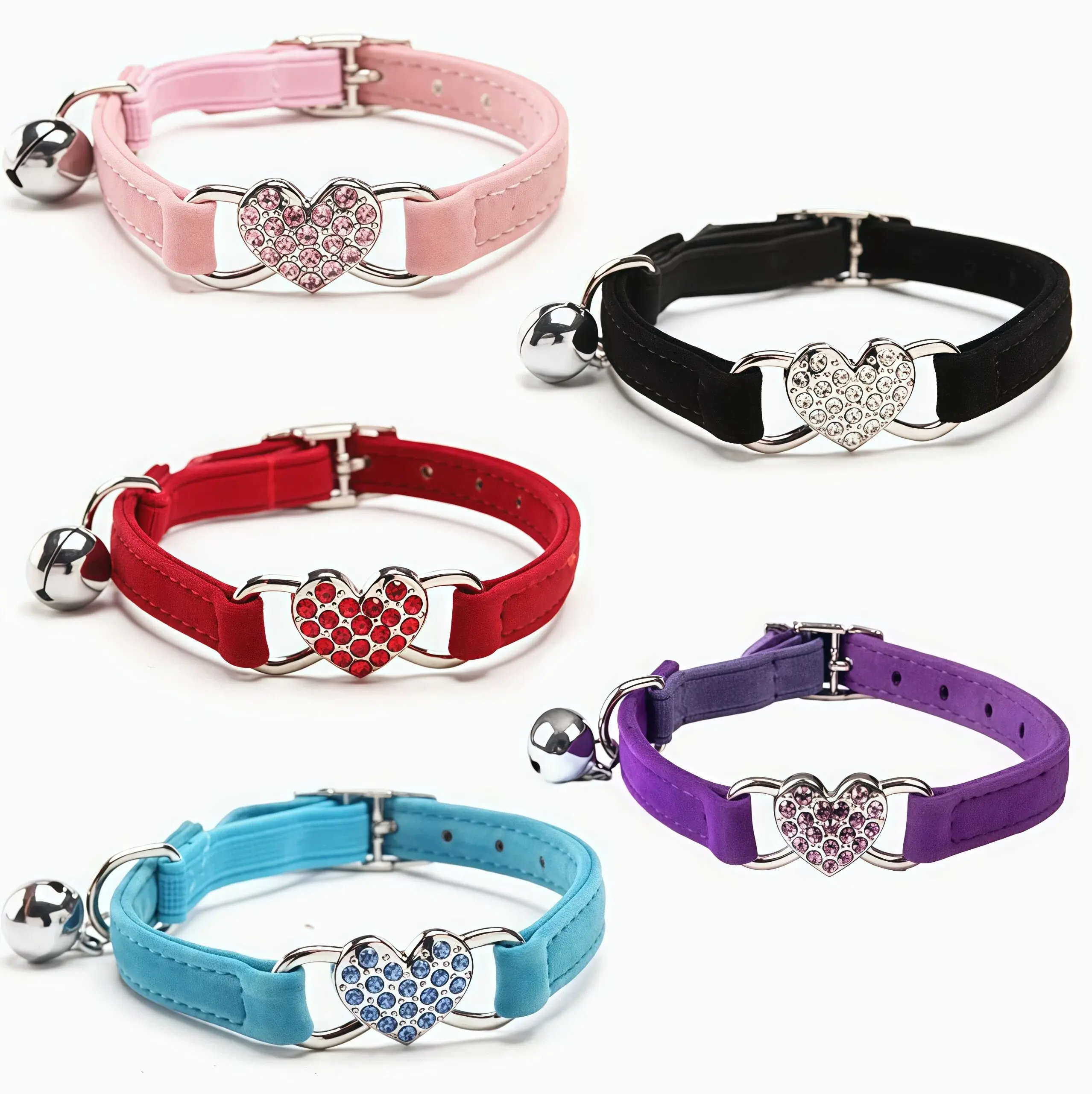 Bling Rhinestone Heart Cat Collar with Bell, Soft Suede Adjustable Small Pet Collar, Sparkly Crystal Heart Charm Kitten Puppy Neck Collar, Multi Color Cute Girly Pet Accessory for Daily Walking Party Small Cats Tiny Dogs