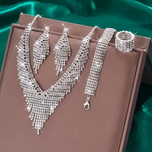 5pcs Women's Jewelry Set - Timeless Dangle Earrings, Necklace, Ring, and Bracelet - Stainless Steel with Synthetic Cubic Zirconia |   Perfect for Engagement, Wedding, and Special Occasions |   All-Season Fit