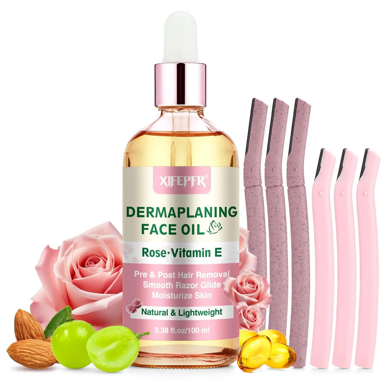 Gentle Dermaplaning Kit, 1 Set Including 1 Count Rose & Vitamin E & 6 Counts Facial Razor Set, At Home Hair Removal Solution Face Hair Remover Body Care Skin Care Products for Women, Cosmetic, Gentle Depilatory Solution